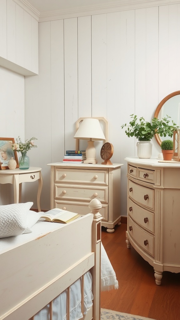 A cozy farmhouse bedroom featuring cream distressed furniture, including a bed, bedside tables, and a dresser, with soft lighting and decorative plants.
