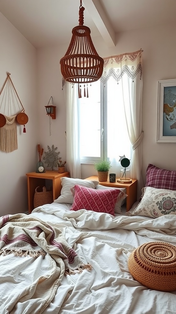 A cozy boho eclectic bedroom with woven decor and plants