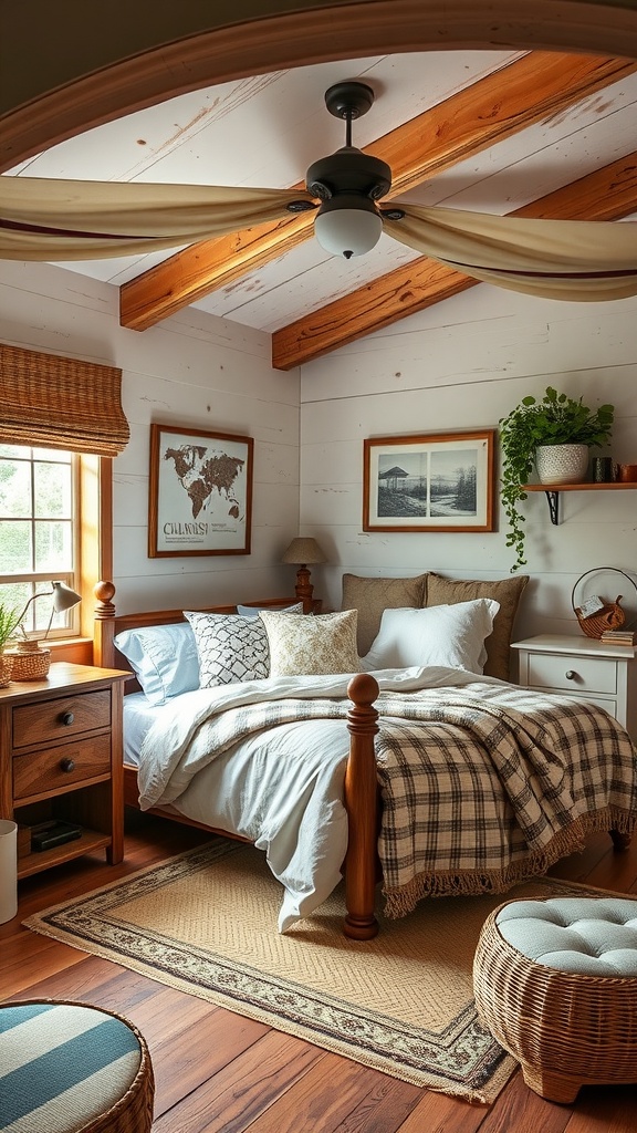 Cozy bedroom featuring wooden beams, plaid bedding, and rustic decor elements.