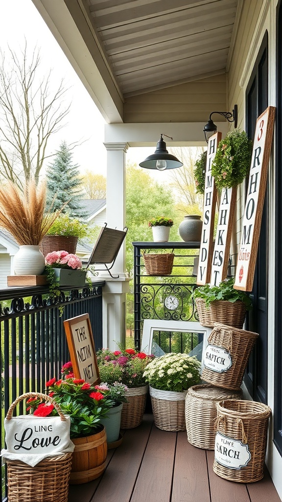 A charming farmhouse balcony filled with colorful flowers in planters, decorative signs, and wicker baskets, showcasing a cozy outdoor haven.