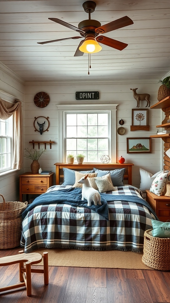 A cozy boys bedroom with a farmhouse vibe featuring plaid bedding, wooden furniture, and playful decor.