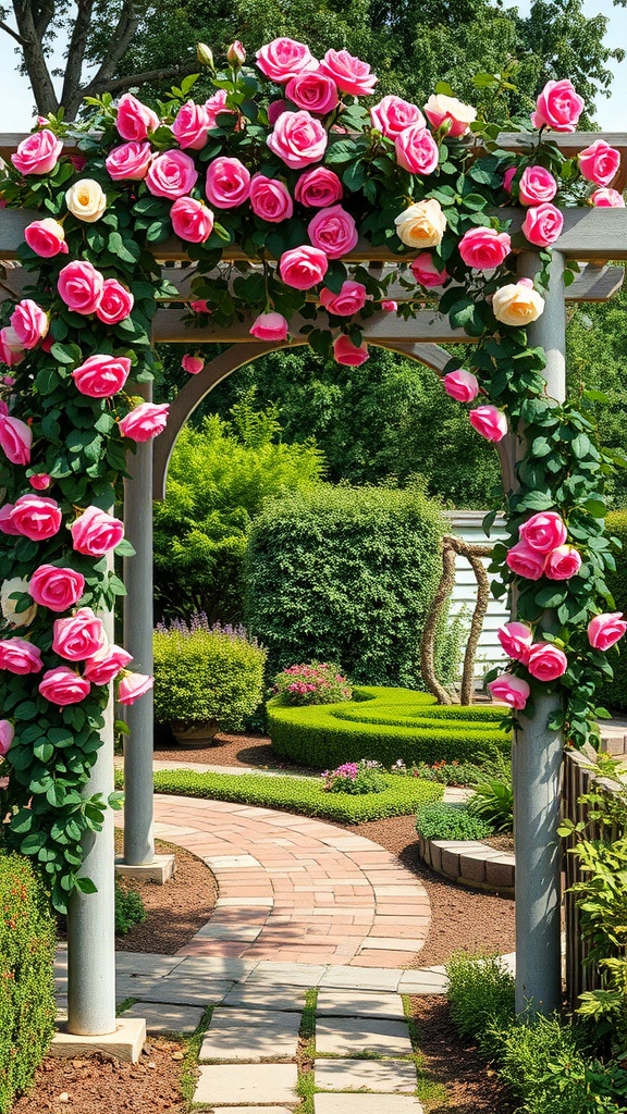 A charming garden arbor decorated with pink and cream roses, leading to a winding stone pathway surrounded by lush greenery.