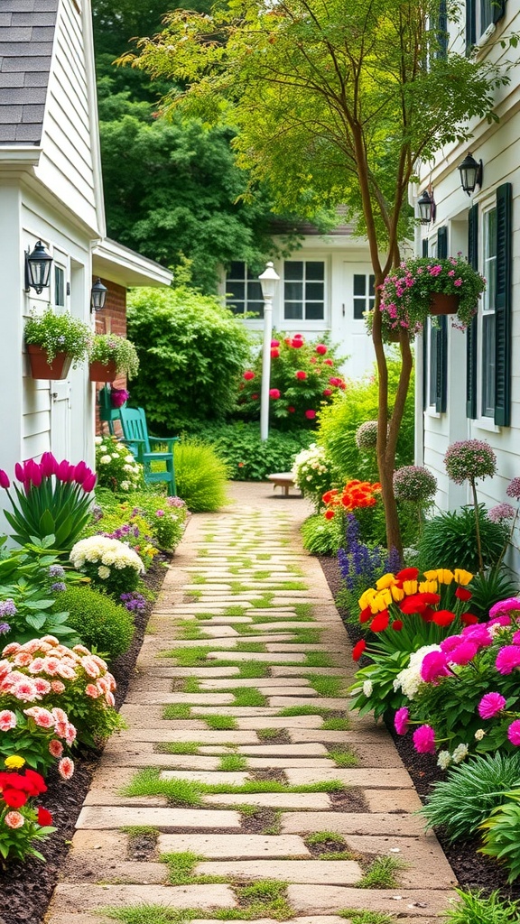 A charming garden pathway lined with colorful flowers and greenery.