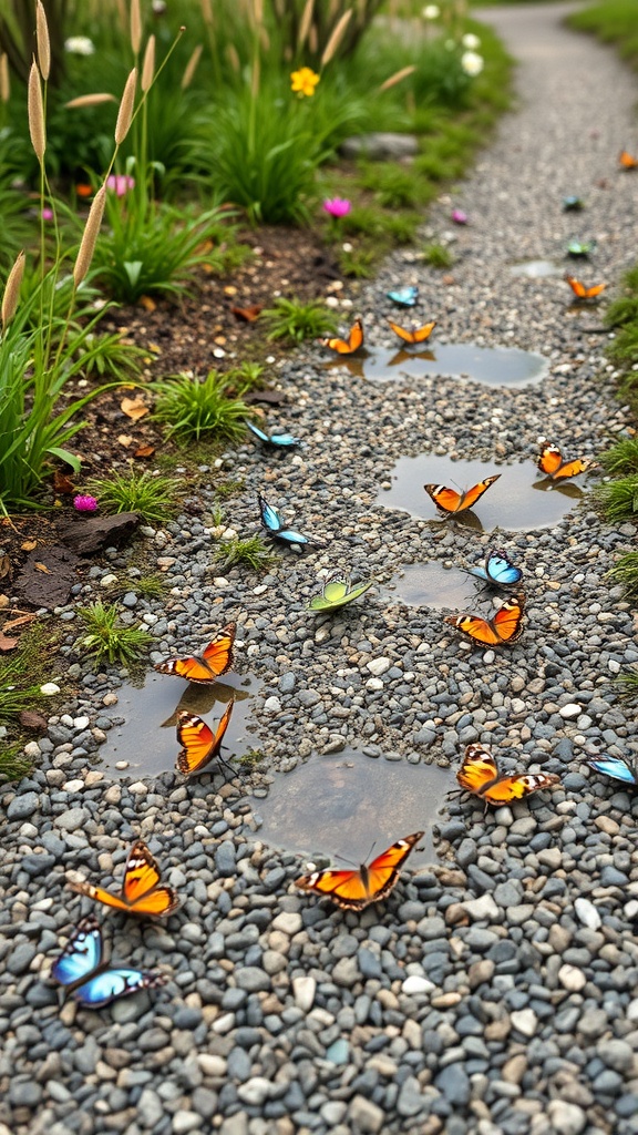 A gravel pathway in a garden decorated with butterfly puddles and colorful flowers.