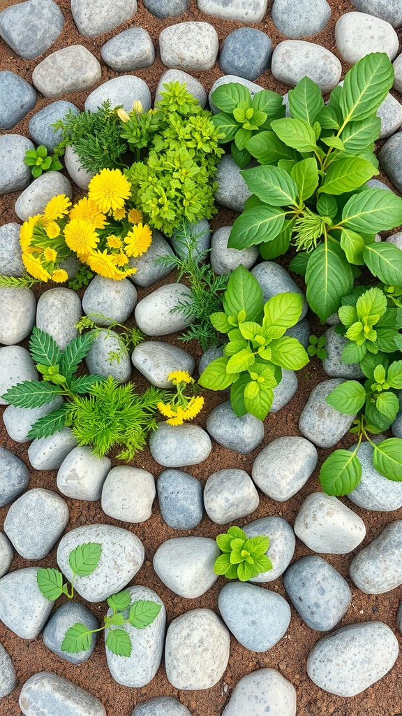 A top view of a charming herb spiral garden surrounded by smooth stones.