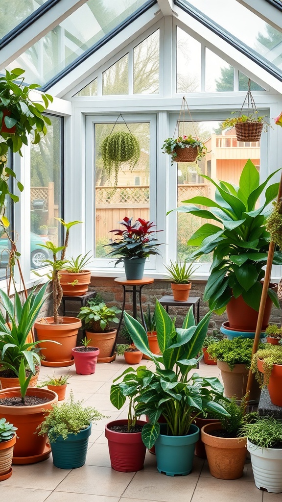 A bright sunroom filled with various potted plants, showcasing a charming indoor garden.