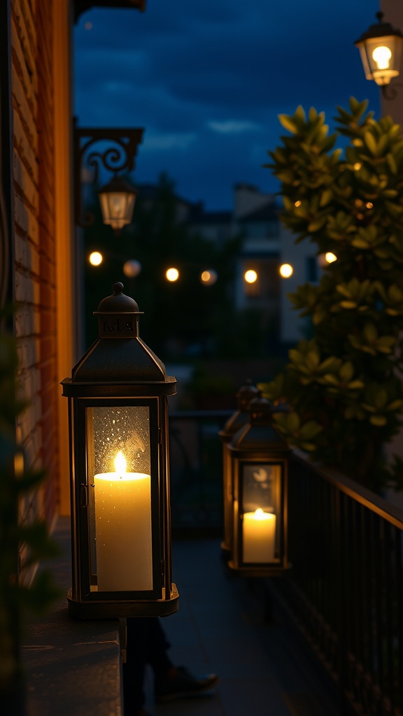 A cozy balcony with charming lanterns glowing warmly at night