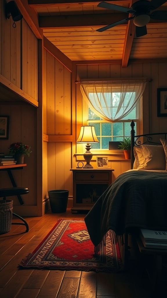 Cozy farmhouse glam bedroom with warm lighting and wooden features