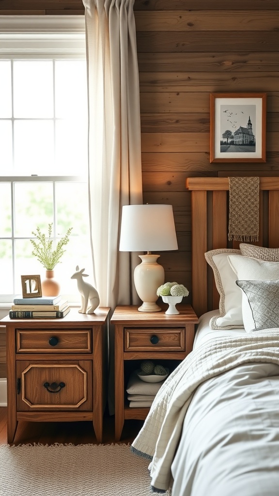 Cozy farmhouse chic bedroom with two wooden nightstands, decorative items, and soft lighting