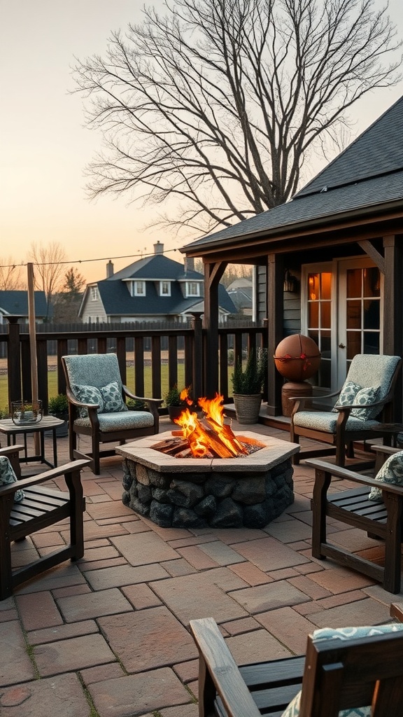 A cozy farmhouse patio featuring a stone fire pit surrounded by comfortable seating, perfect for outdoor gatherings.