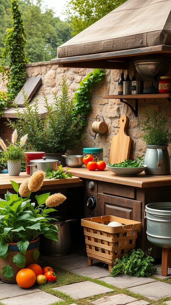 A charming outdoor kitchen setup surrounded by greenery, featuring wooden countertops, pots of fresh vegetables, and rustic decor.