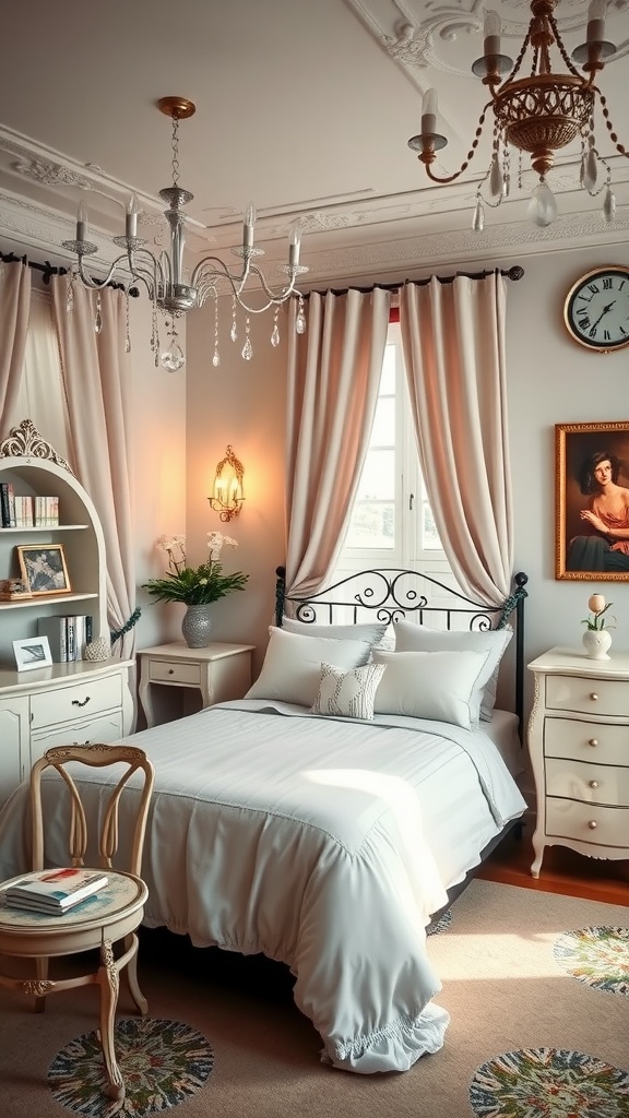 A charming bedroom with elegant decor, featuring a white bed, chandelier, and soft curtains.