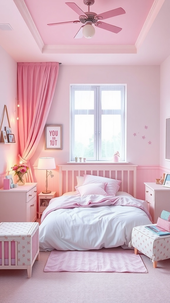 A girls bedroom with a pastel color palette featuring pink walls, a pink ceiling, and cozy bedding.