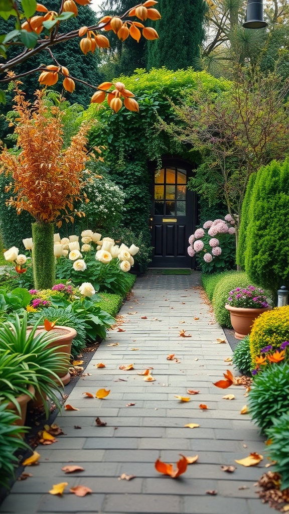 A charming garden pathway lined with seasonal flowers and plants, leading to a black door surrounded by lush greenery.