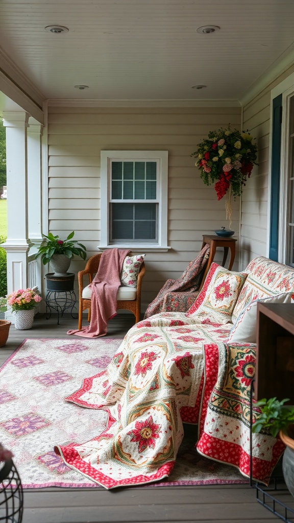 A charming farmhouse patio with quilts draped over outdoor furniture, featuring vibrant colors and a cozy atmosphere.