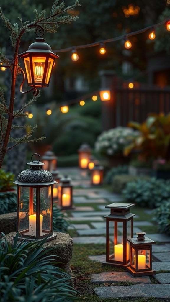 Rustic lanterns illuminating a garden pathway with soft candlelight.