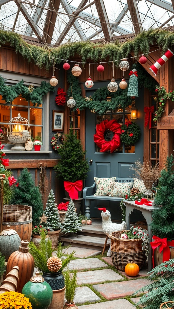 A charming outdoor area decorated for the festive season with greenery, ornaments, and cozy seating.