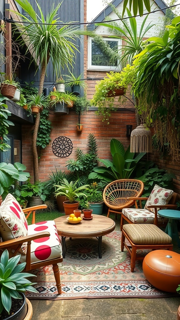 Cozy garden seating area with wooden furniture, vibrant cushions, and lush greenery.