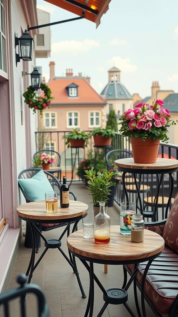 A balcony with charming side tables, drinks, and flowers, perfectly showcasing Boho vibes.