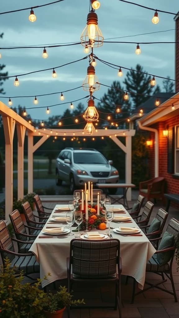 A farmhouse patio decorated with string lights, featuring a beautifully set table for a meal with candles and greenery.