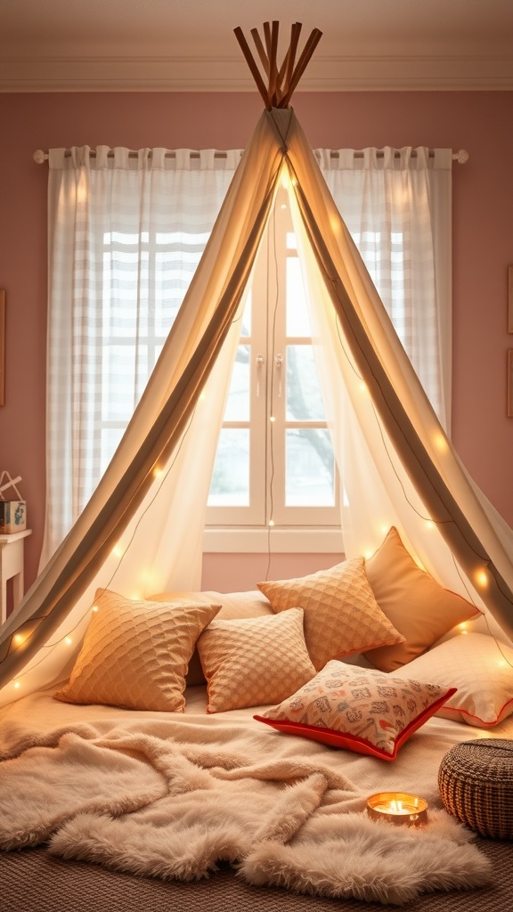 A cozy teepee in a girl's bedroom with string lights, cushions, and a soft blanket.