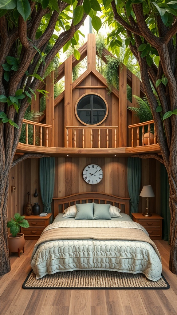 A charming bedroom designed to resemble a treehouse, featuring wooden walls, leafy decorations, and a cozy bed.