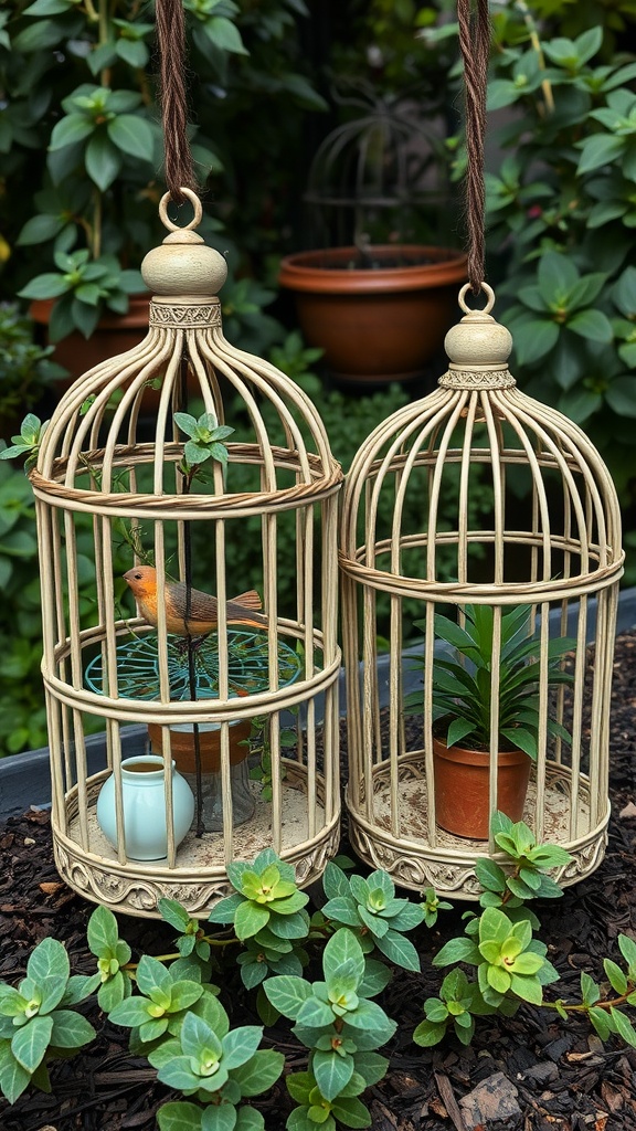 Two vintage birdcages, one with a bird and the other with a small plant, surrounded by greenery.
