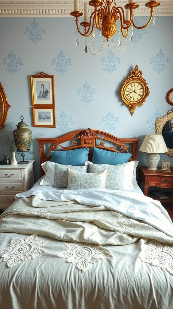 A charming blue and gold bedroom featuring a wooden bed, decorative pillows, vintage clock, and wall art.