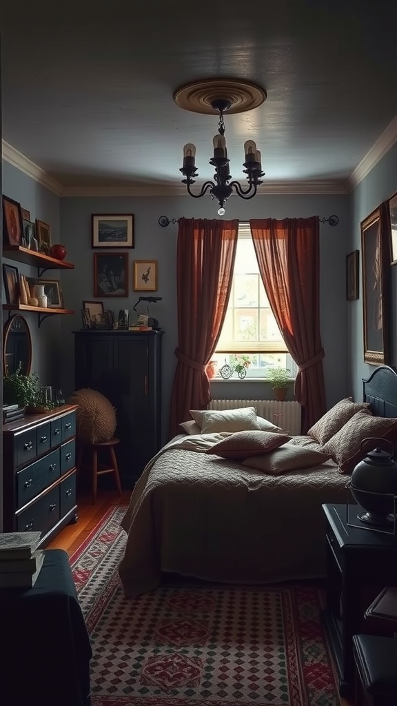 A vintage-inspired dark and moody bedroom with eclectic decor, warm curtains, and a cozy atmosphere.