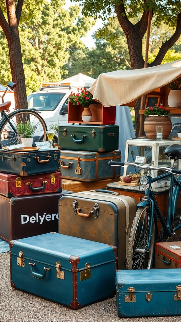 A collection of vintage suitcases and a bicycle in a sunny outdoor market.