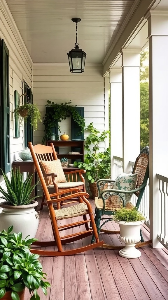 Charming farmhouse back porch with vintage rocking chair, rattan chair, potted plants, and lantern.