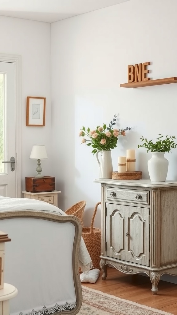 A charming vintage furniture setup in a farmhouse chic bedroom featuring a wooden cabinet, bedside table, and fresh flowers.