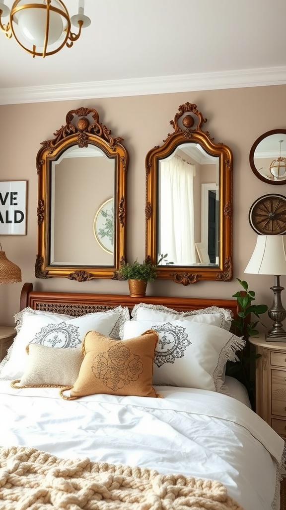 A boho-style bedroom featuring vintage mirrors above the bed, warm pillows, and a cozy blanket.