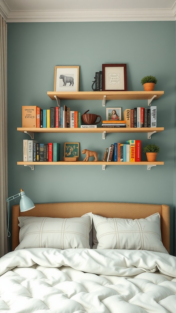 A cozy bedroom with wall-mounted shelves filled with books and decorative items against a blue wall.