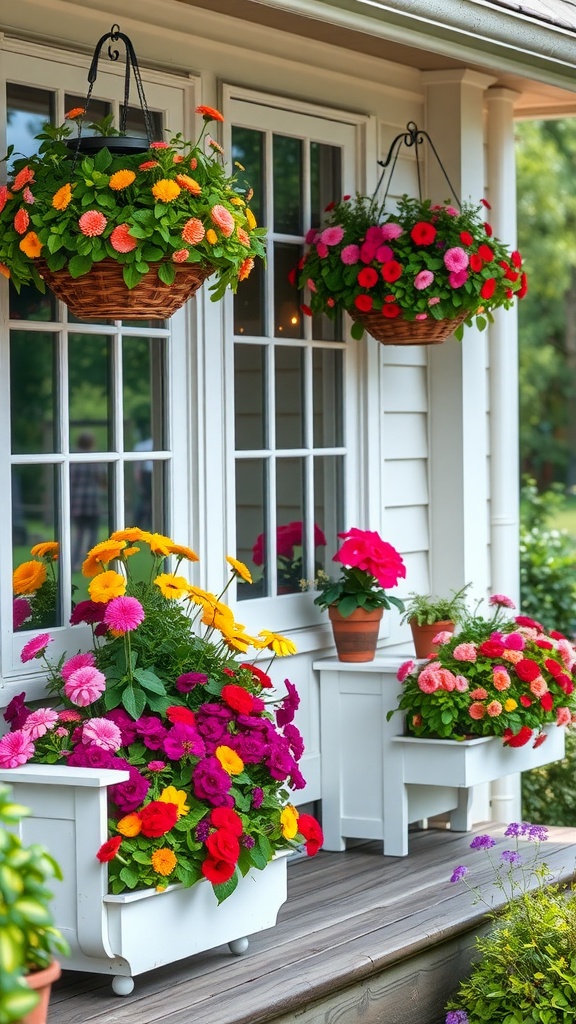 Colorful window boxes and hanging baskets filled with flowers on a farmhouse back porch.