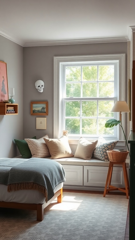 A charming window seat with cushions and decorative pillows in a farmhouse basement bedroom, illuminated by natural light from a large window.