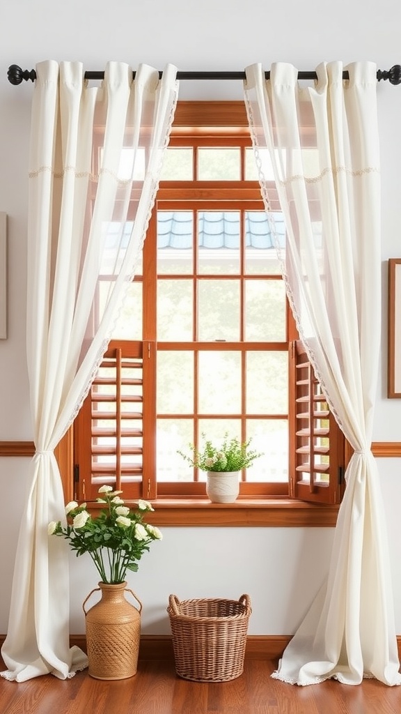 A cozy bedroom window adorned with white curtains and wooden shutters, featuring a flower arrangement and a woven basket.