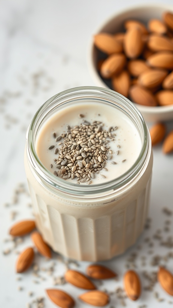 Chia seed and almond milk smoothie in a jar with chia seeds on top and almonds in the background.