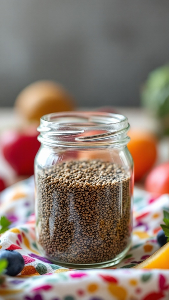 A glass jar filled with chia seeds surrounded by colorful fruits and vegetables.