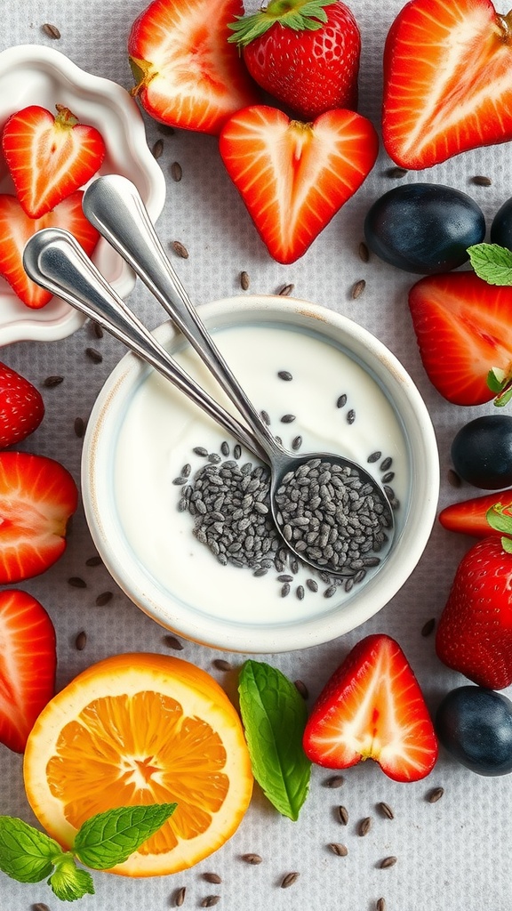A bowl of chia seeds with yogurt surrounded by fresh fruits including strawberries, oranges, and blueberries.