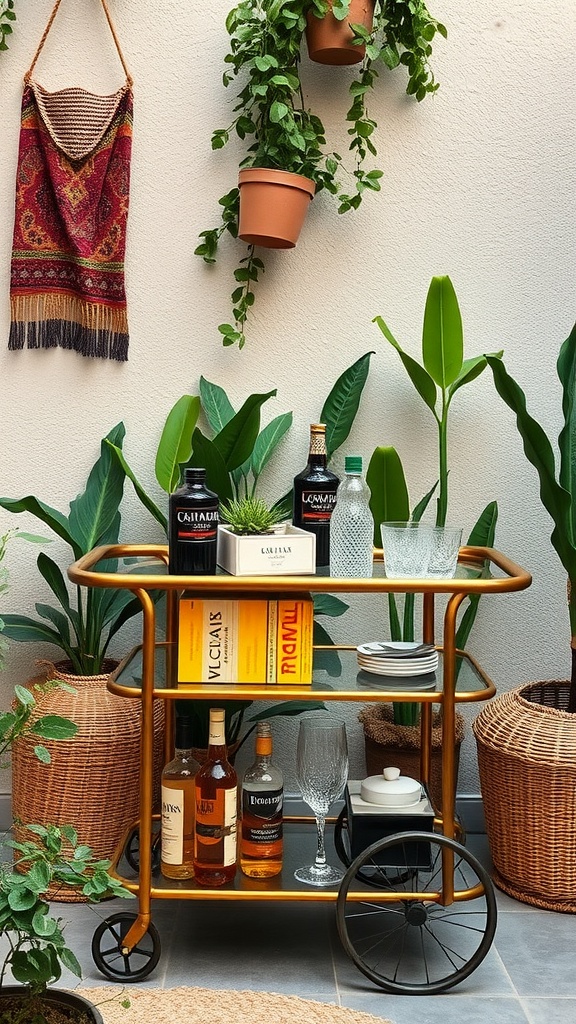 A gold bar cart setup with various bottles, glasses, and plants on a patio.
