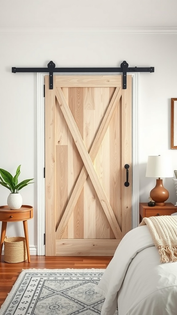 A modern farmhouse bedroom featuring a wooden barn door on a black track, a bedside table, and a plant.