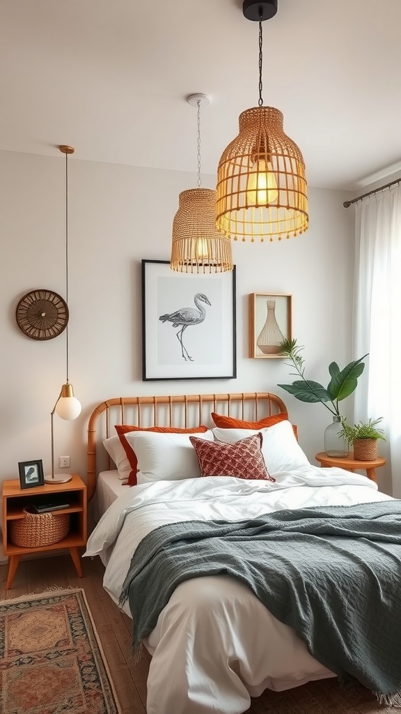 A cozy boho bedroom featuring chic beaded light fixtures over a bed with decorative pillows.