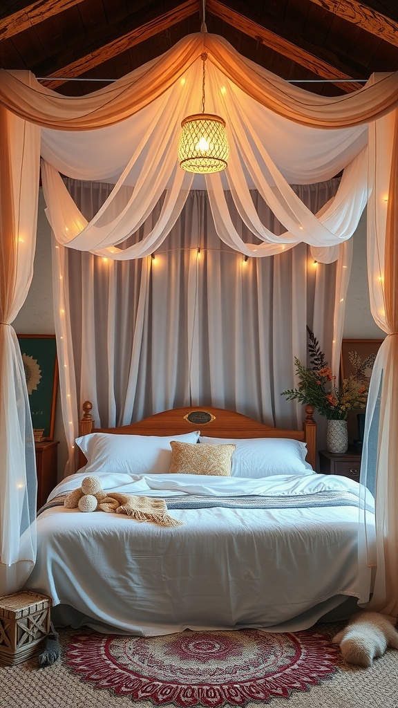 A cozy boho style bedroom featuring a chic bed canopy with flowing fabrics and soft lighting.