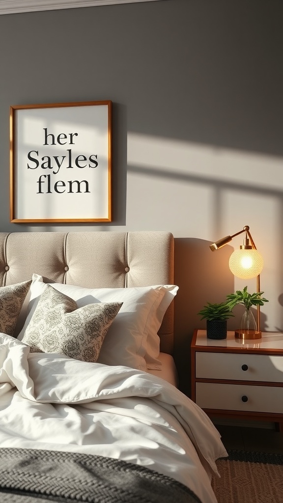 A cozy bedroom with a plush headboard, decorative pillows, a framed artwork, and a stylish bedside lamp.