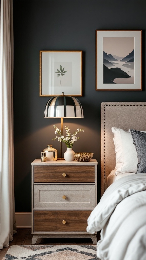 A cozy bedroom with a plush headboard, decorative pillows, a framed artwork, and a stylish bedside lamp.