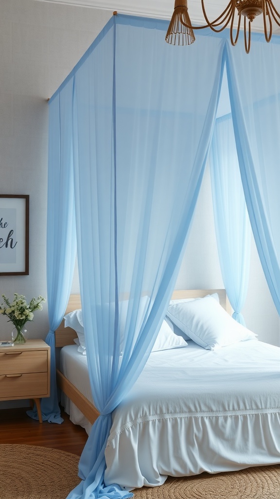 A beautifully draped light blue bed canopy in a serene bedroom setting.