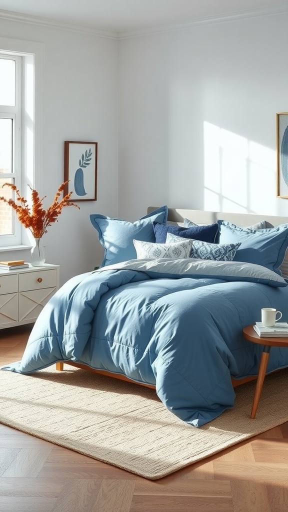 A stylish bedroom featuring chic blue bedding sets, layered pillows, and a cozy atmosphere.