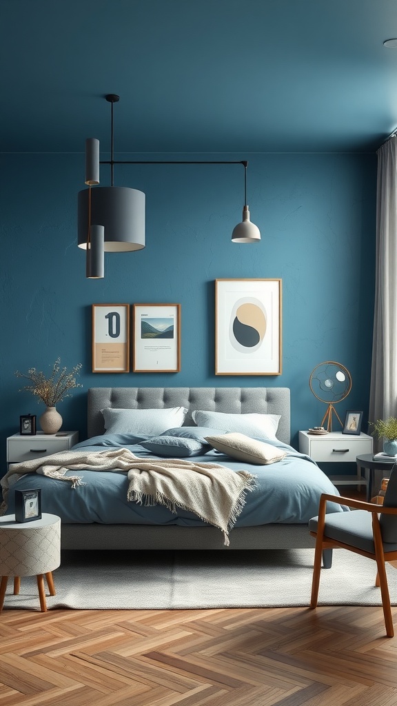 A chic blue bedroom with textured walls, featuring a modern bed, stylish lighting, and decorative artwork.