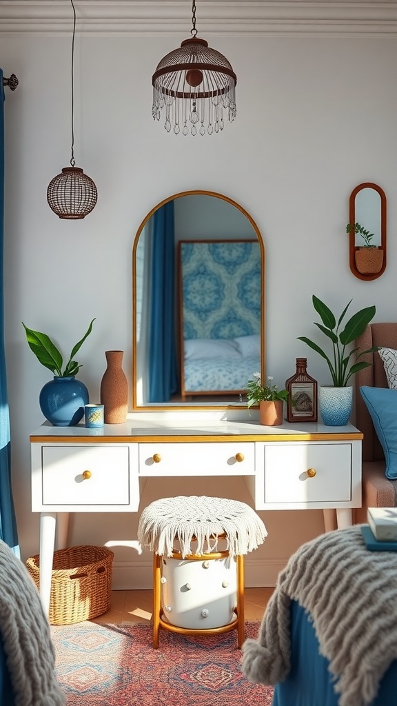 Chic blue vanity space with a white desk, round mirror, and decorative plants.